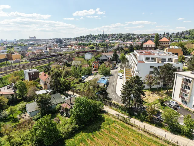 Bytový dom, vinice a mesto s hradom na obzore