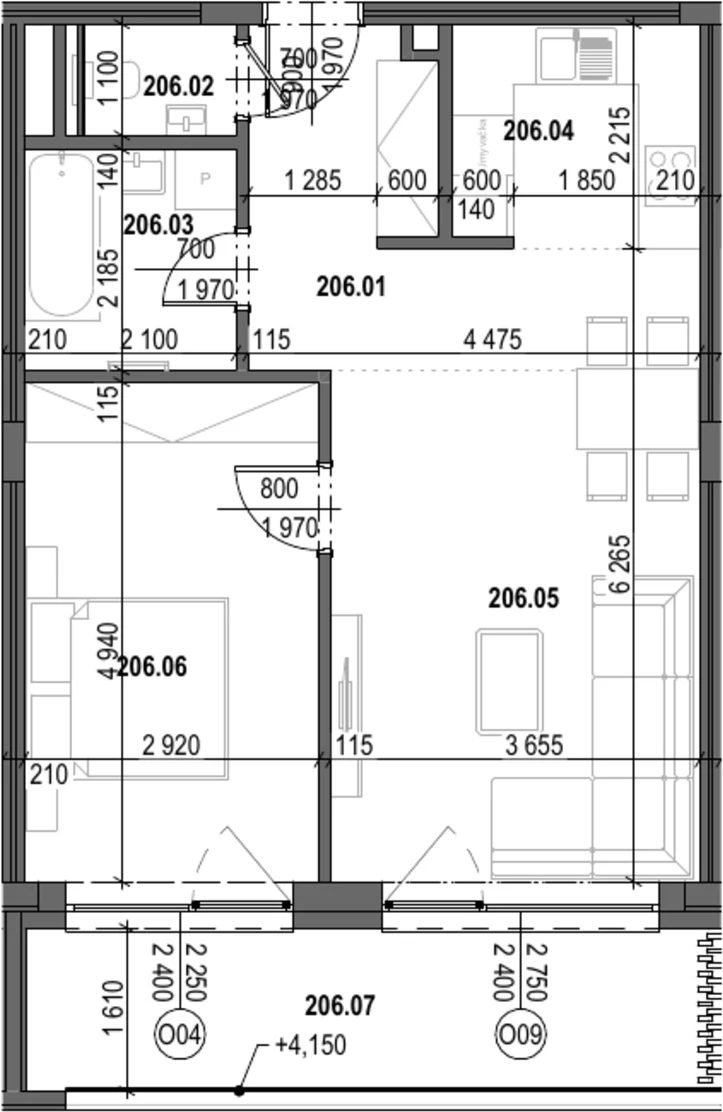 Pôdorys 2-izbového bytu A2.06 na 2. NP vo Winehills